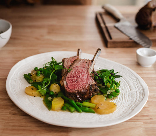 Rack of Lamb with Spring Vegetables, Garlic & Herb Butter