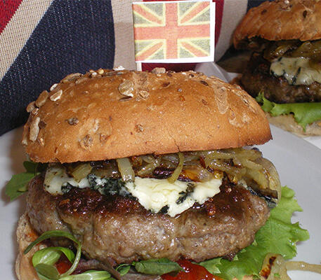 Jubilee Burger with Stilton, Chilli Jam, Caramelised Onions