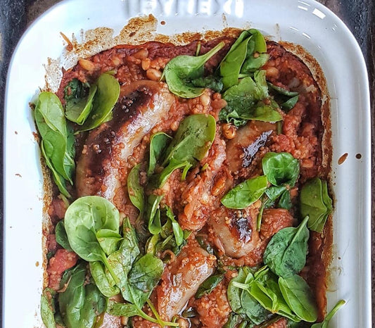How To Cook Pork, Apple & Fennel Sausage, Bean, Tomato and Spinach Tray Bake