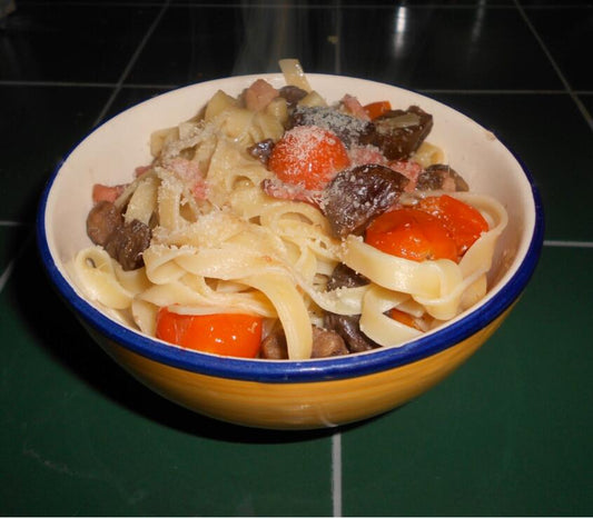 Chestnut Pasta with Pancetta and Roasted Cherry Tomatoes